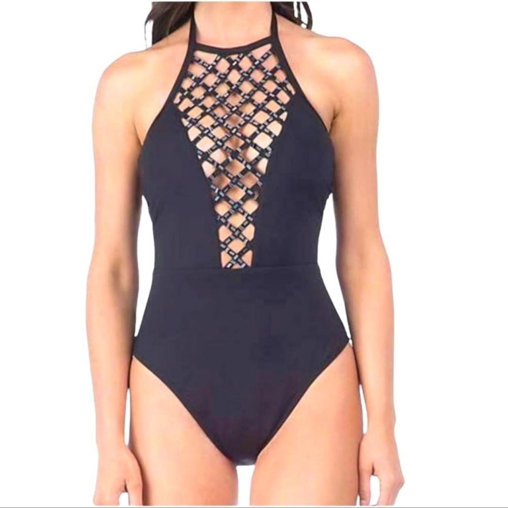 Kenneth Cole lattice beaded high neck deep v plunge cleavage swimsuit cruise